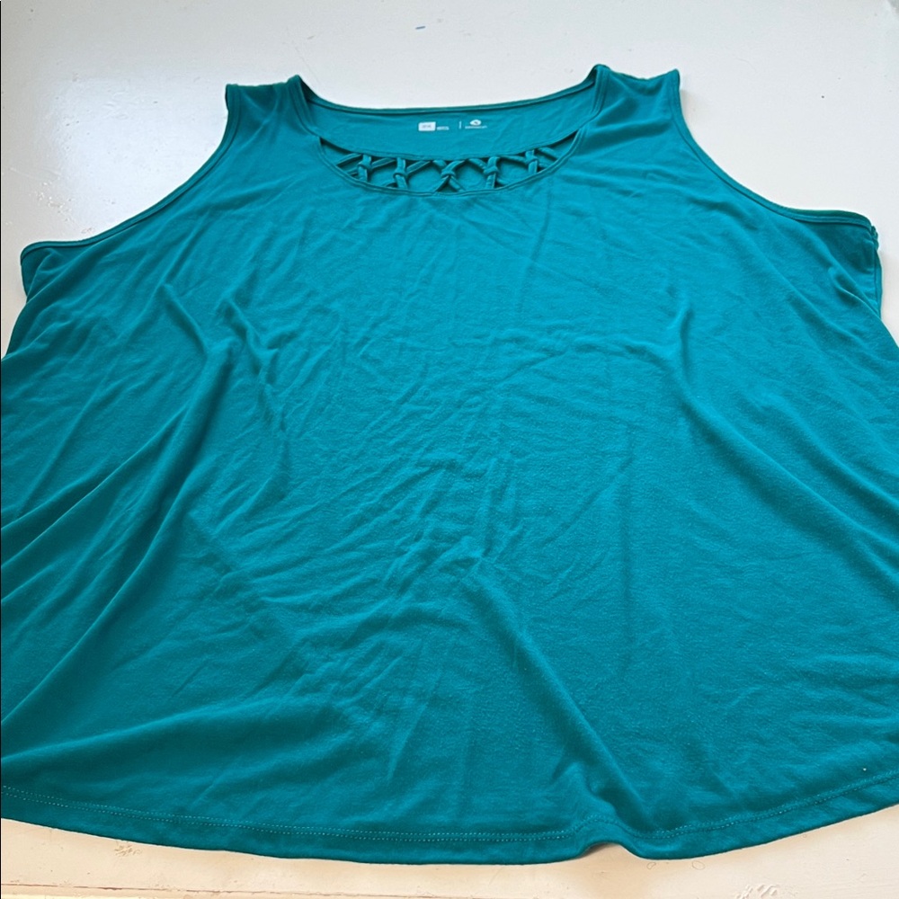 Xersion 2X Green Teal Sleeveless Braided Cut Out Tank Top